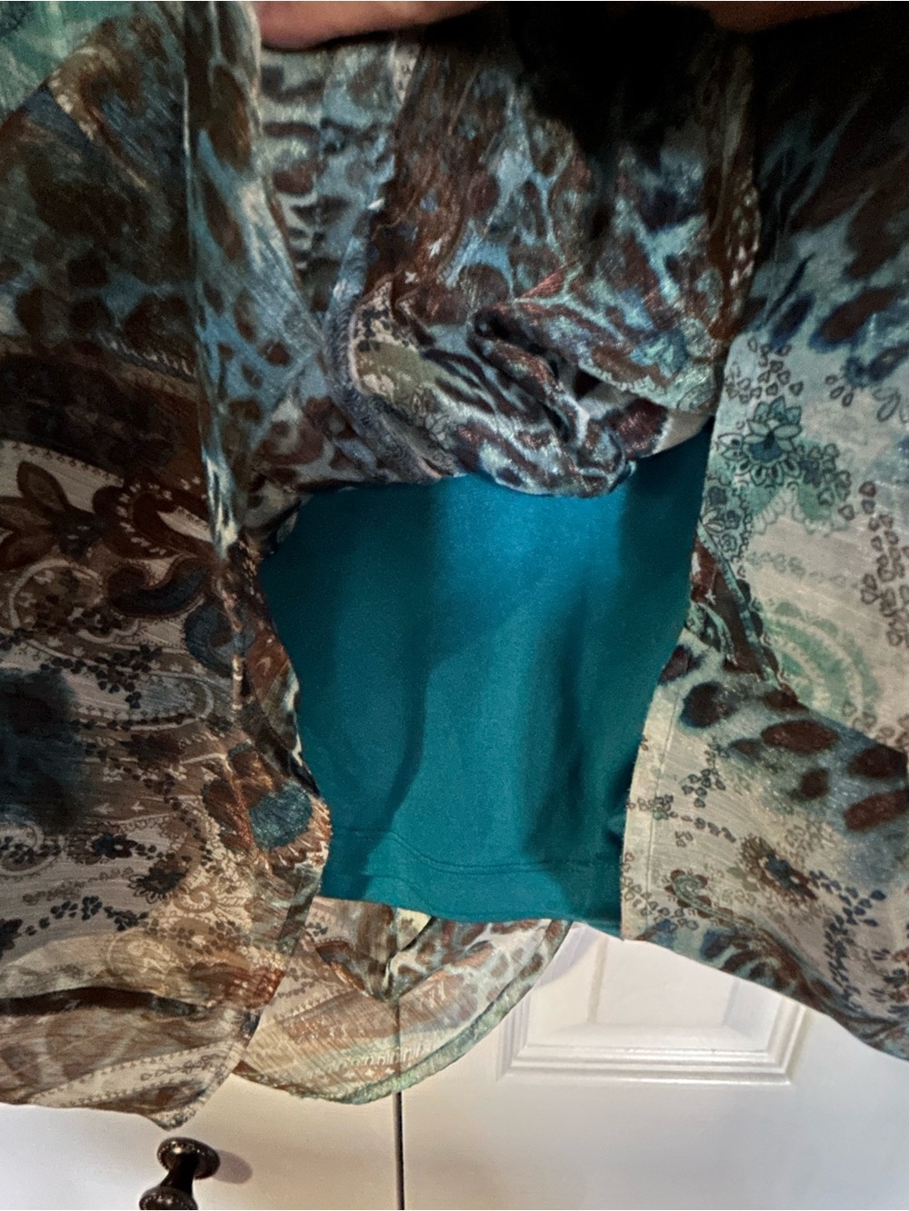 Dressbarn Sheer Paisley-Print Tunic Blouse in Teal and Brown - Picture 6 of 9